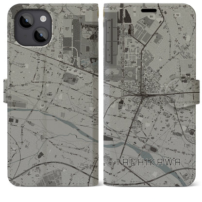 【立川（東京都）】地図柄iPhoneケース（手帳タイプ）モノトーン・iPhone 14 Plus 用