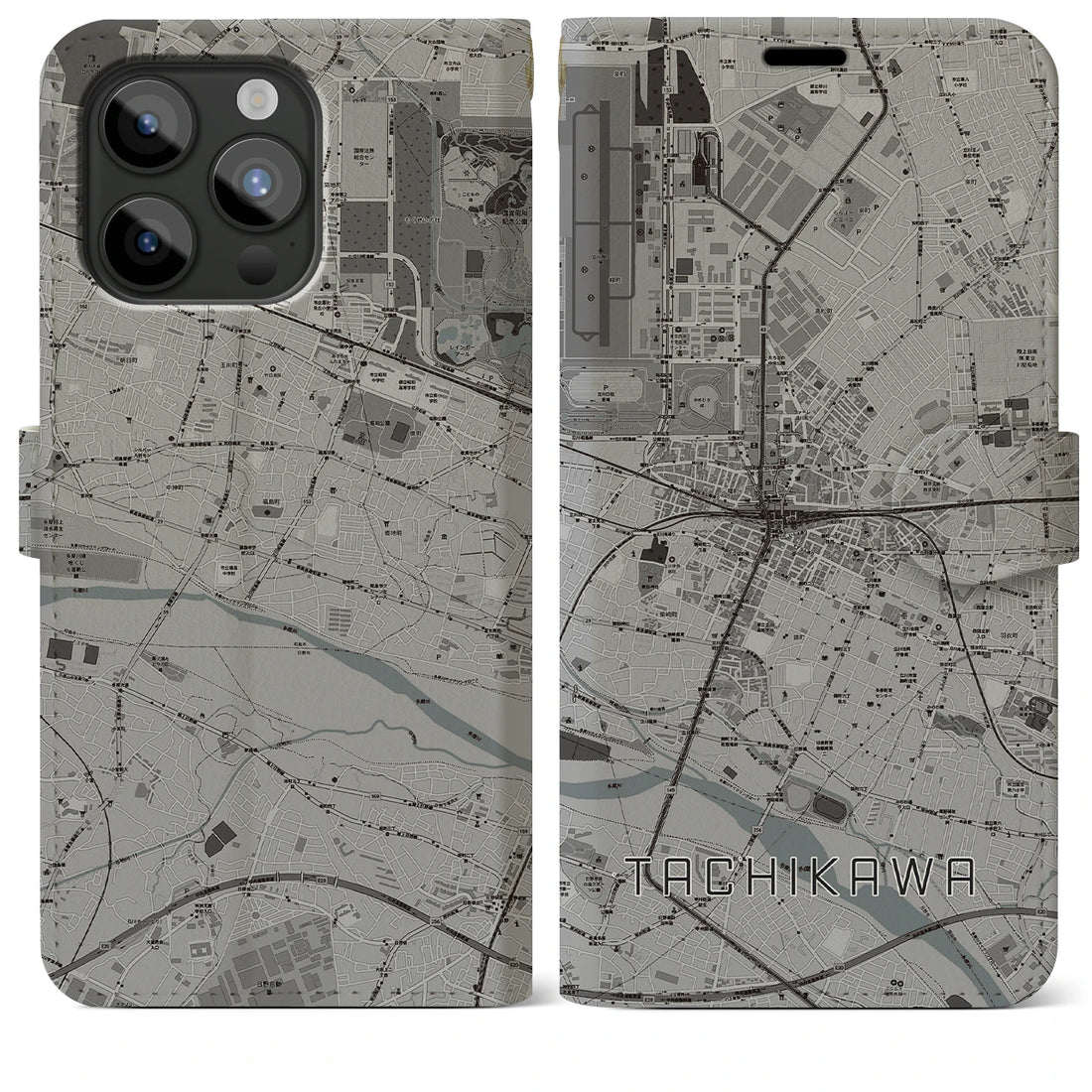 【立川】地図柄iPhoneケース（手帳両面タイプ・モノトーン）iPhone 15 Pro Max 用