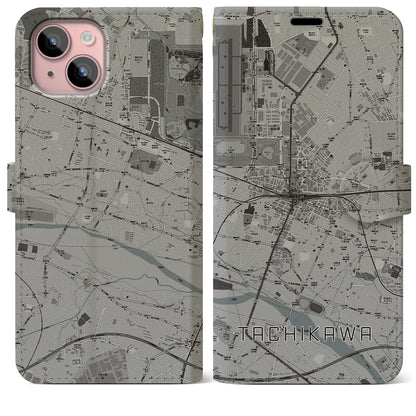 【立川（東京都）】地図柄iPhoneケース（手帳タイプ）モノトーン・iPhone 15 Plus 用