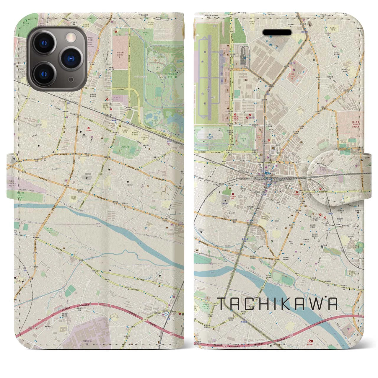 【立川】地図柄iPhoneケース（手帳両面タイプ・ナチュラル）iPhone 11 Pro Max 用