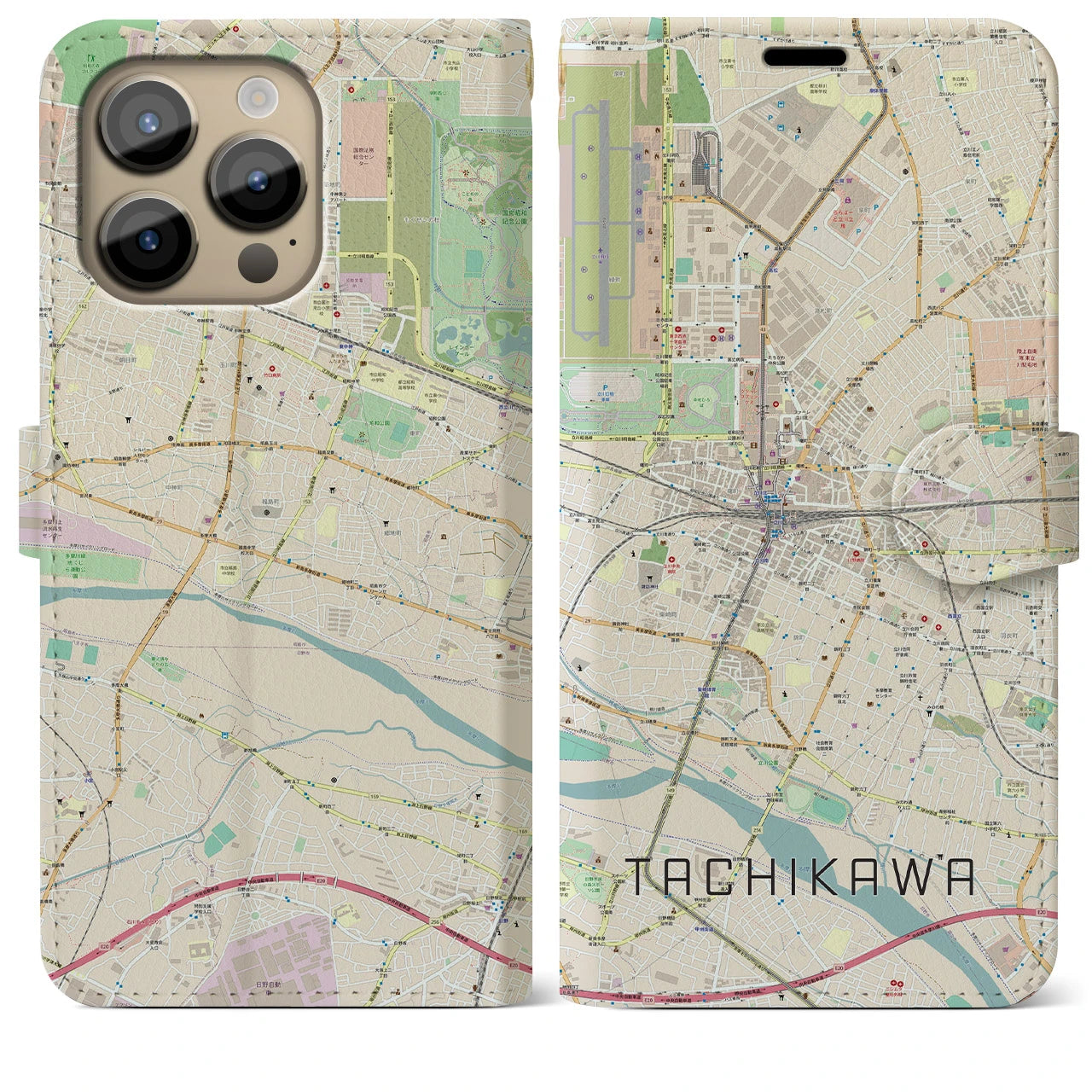 【立川】地図柄iPhoneケース（手帳両面タイプ・ナチュラル）iPhone 14 Pro Max 用