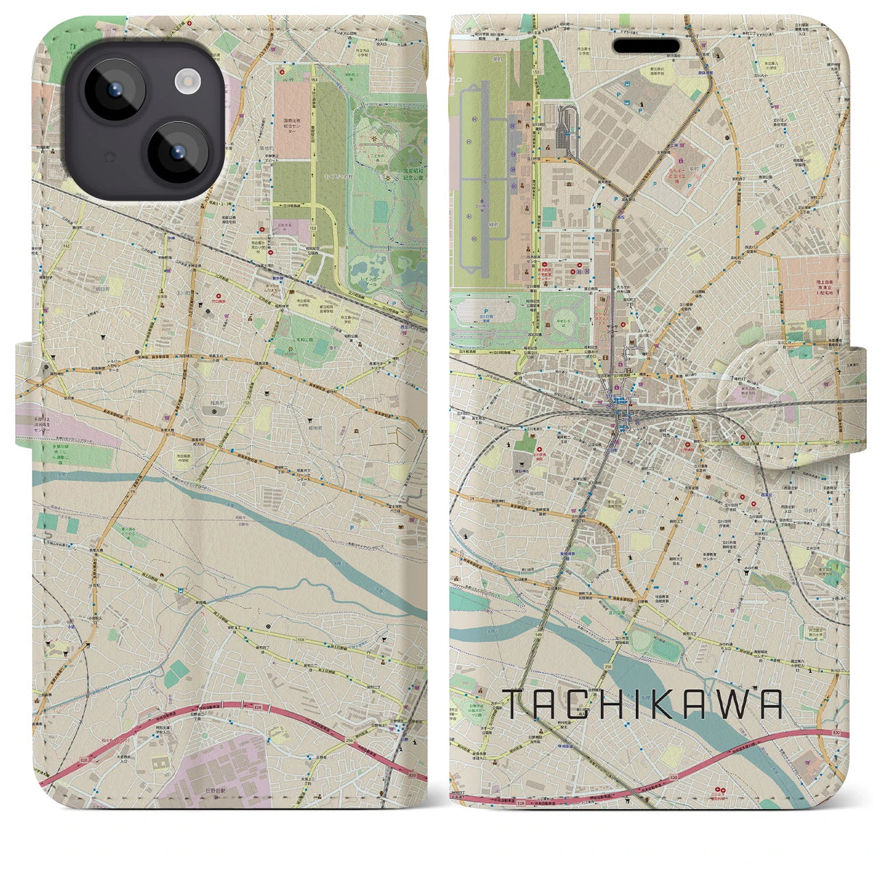 【立川】地図柄iPhoneケース（手帳両面タイプ・ナチュラル）iPhone 14 Plus 用