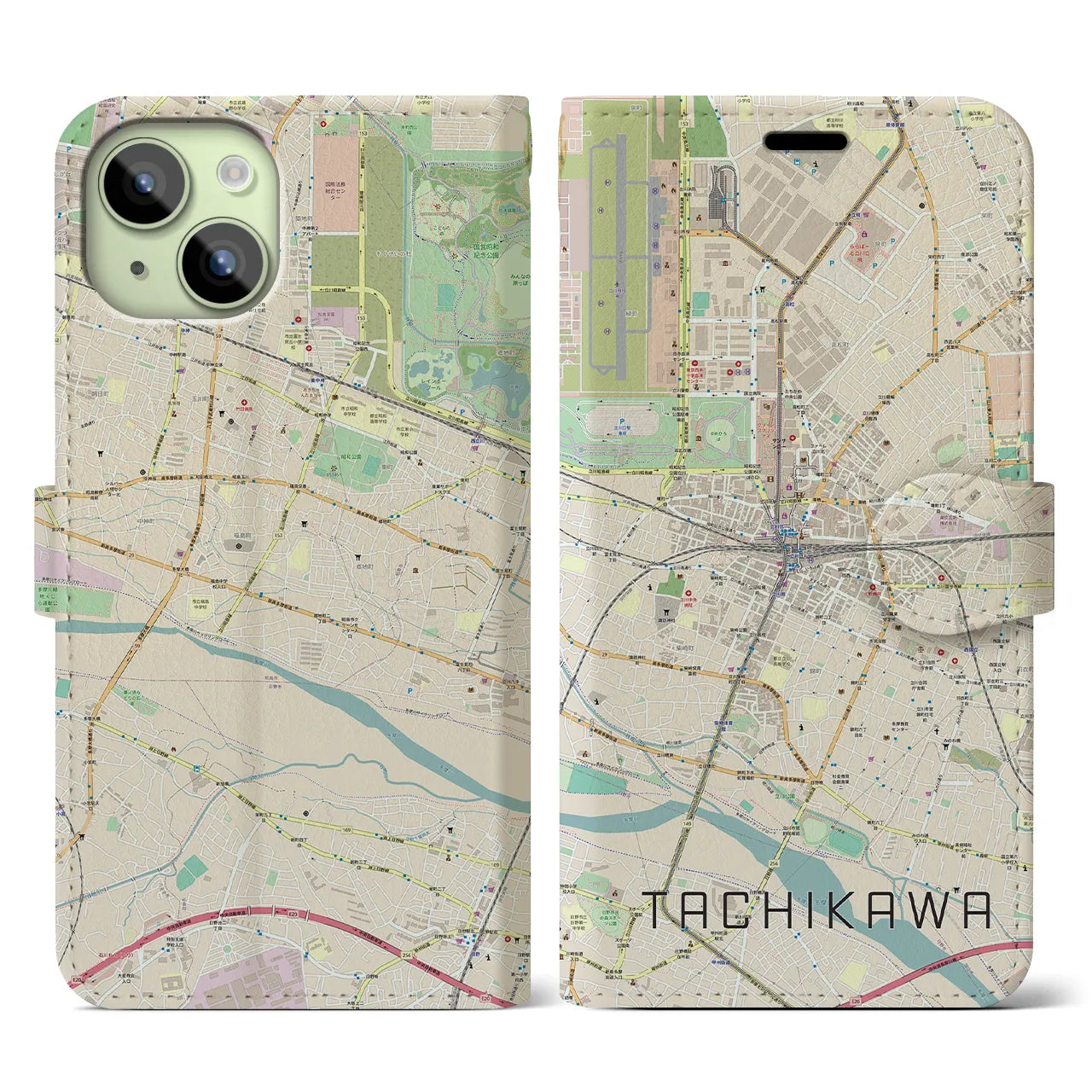 【立川】地図柄iPhoneケース（手帳両面タイプ・ナチュラル）iPhone 15 用
