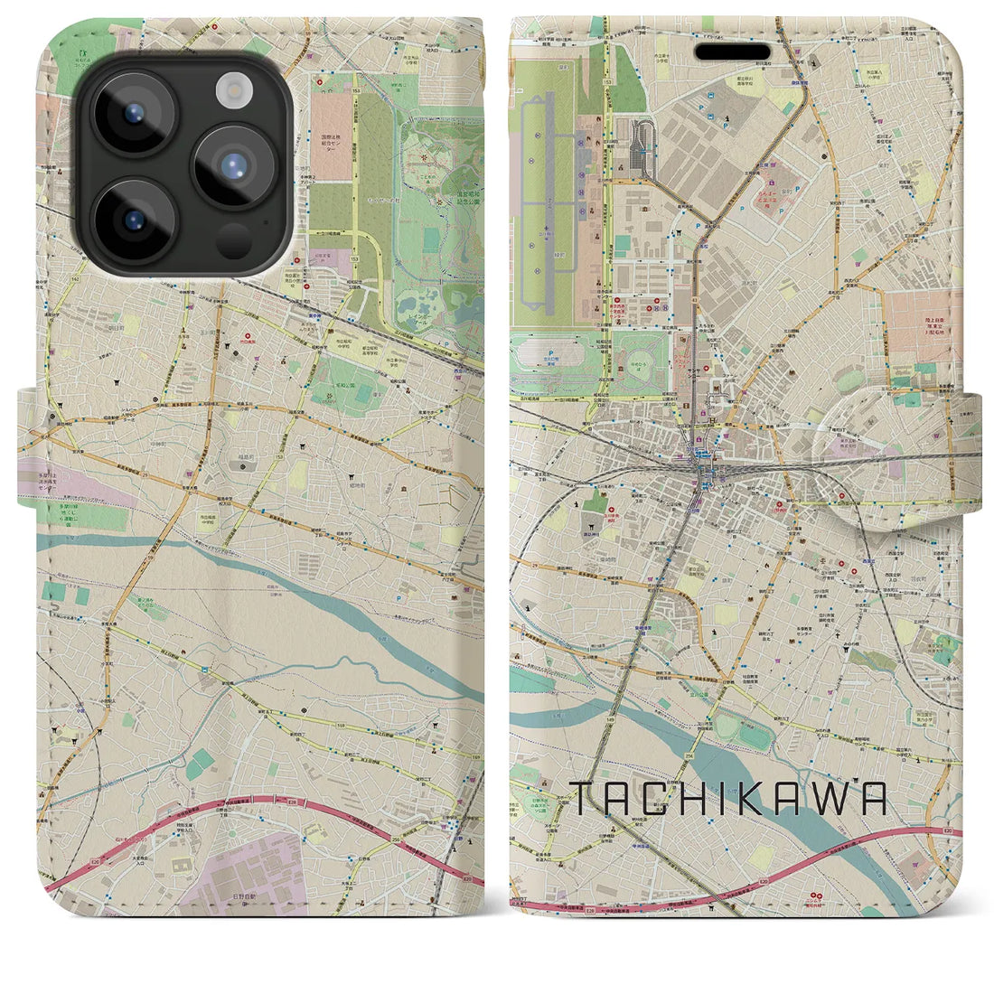 【立川】地図柄iPhoneケース（手帳両面タイプ・ナチュラル）iPhone 15 Pro Max 用