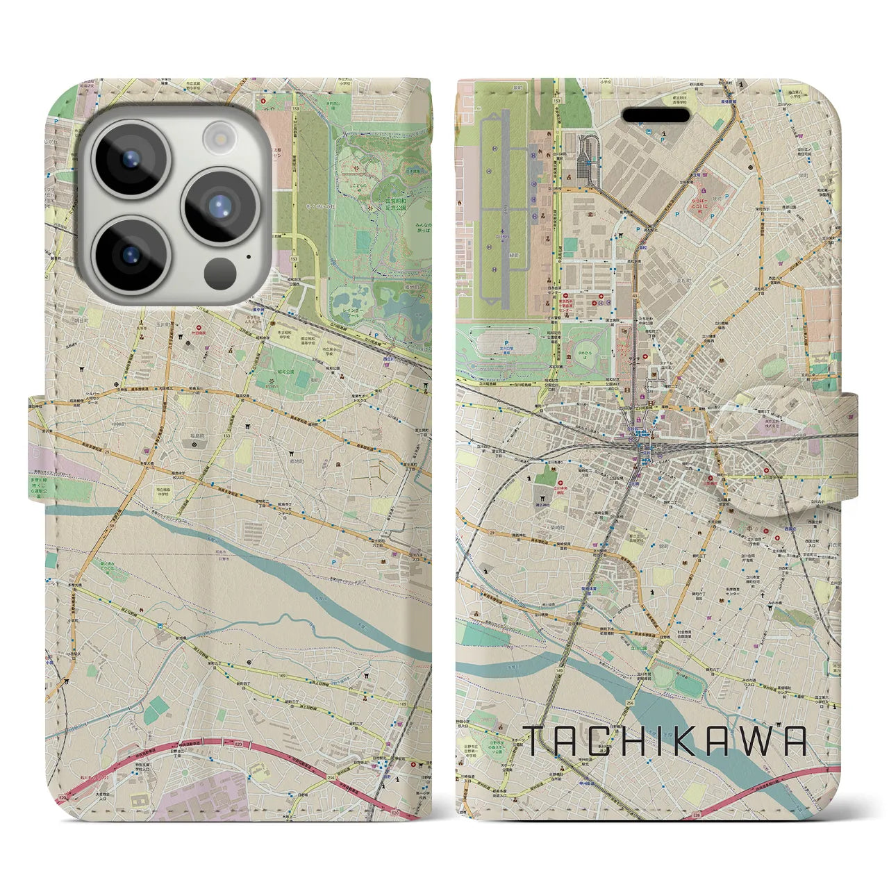 【立川】地図柄iPhoneケース（手帳両面タイプ・ナチュラル）iPhone 15 Pro 用
