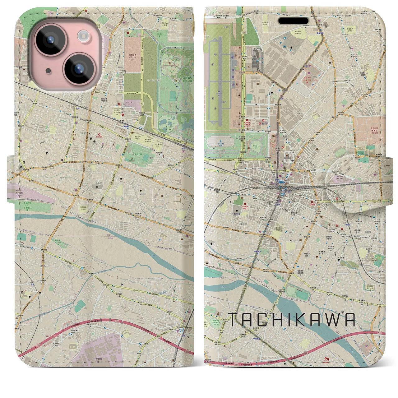 【立川】地図柄iPhoneケース（手帳両面タイプ・ナチュラル）iPhone 15 Plus 用