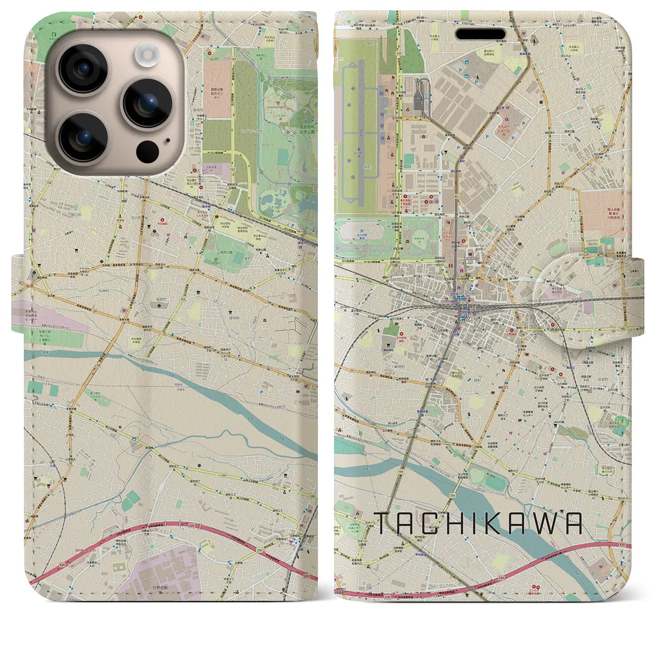 【立川（東京都）】地図柄iPhoneケース（手帳タイプ）ナチュラル・iPhone 16 Plus 用