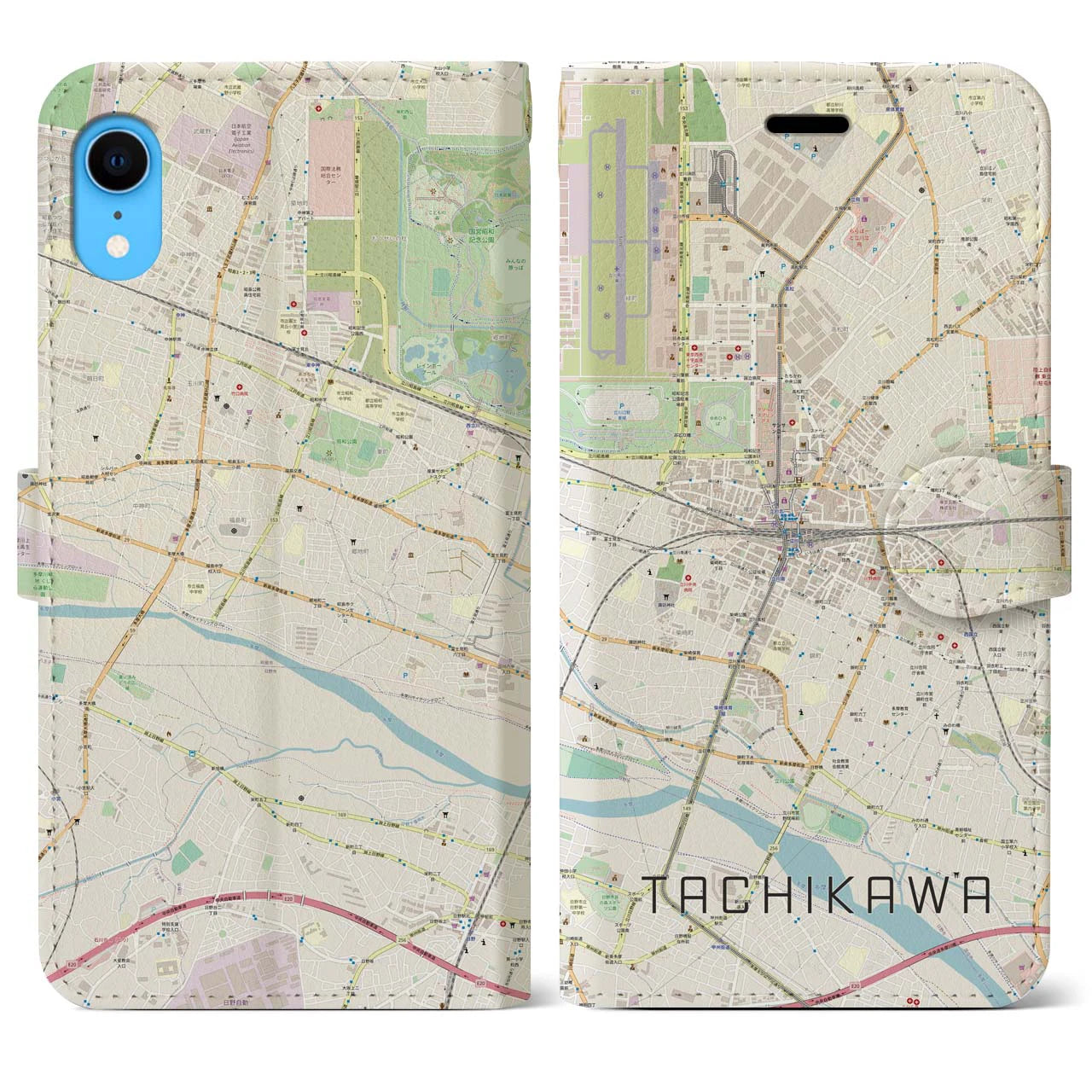 【立川】地図柄iPhoneケース（手帳両面タイプ・ナチュラル）iPhone XR 用