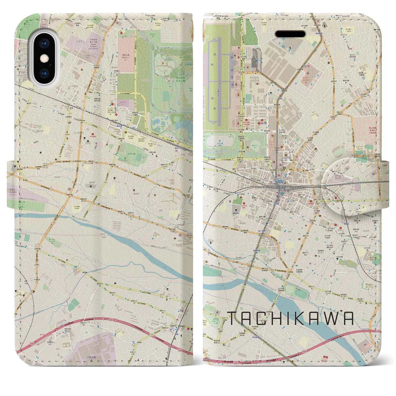 【立川】地図柄iPhoneケース（手帳両面タイプ・ナチュラル）iPhone XS Max 用