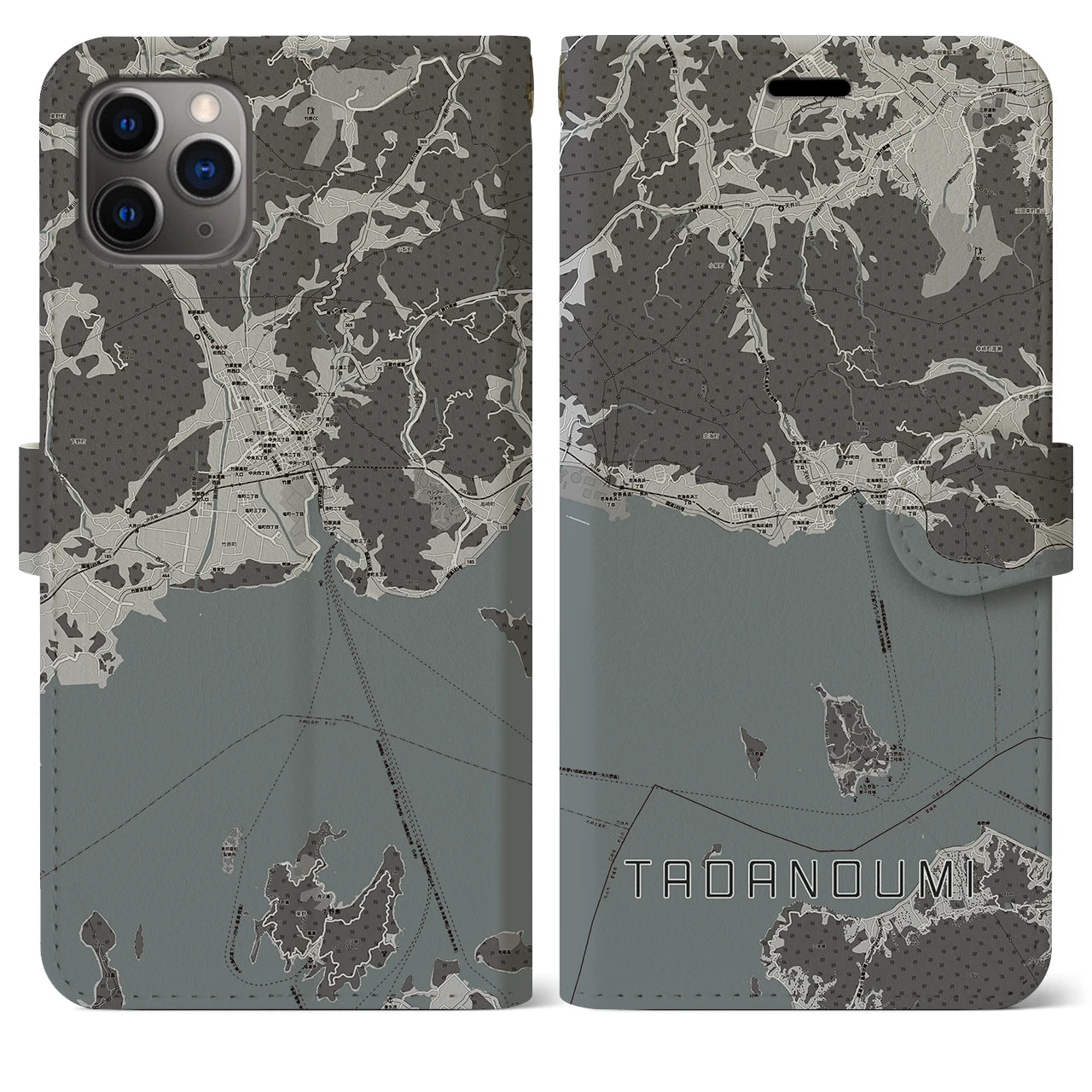 【忠海】地図柄iPhoneケース（手帳両面タイプ・モノトーン）iPhone 11 Pro Max 用