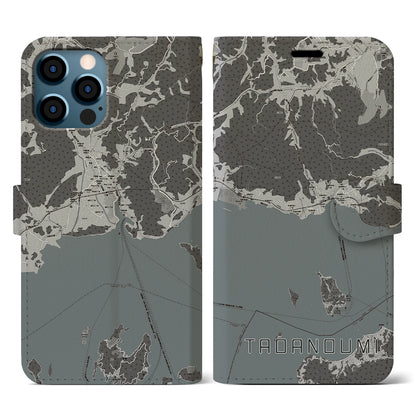 【忠海（広島県）】地図柄iPhoneケース（手帳タイプ）モノトーン・iPhone 12 / 12 Pro 用