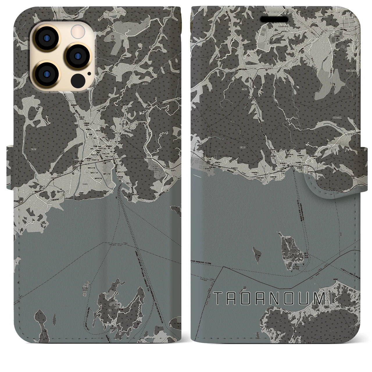 【忠海】地図柄iPhoneケース（手帳両面タイプ・モノトーン）iPhone 12 Pro Max 用