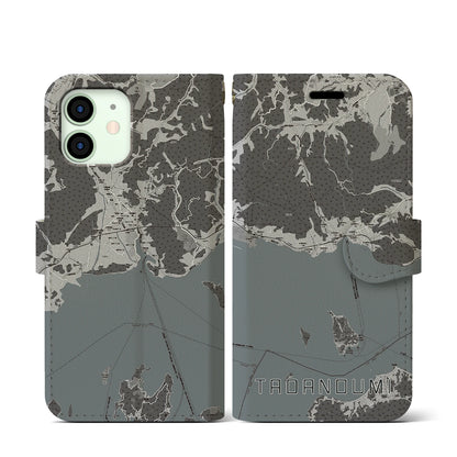 【忠海（広島県）】地図柄iPhoneケース（手帳タイプ）モノトーン・iPhone 12 mini 用