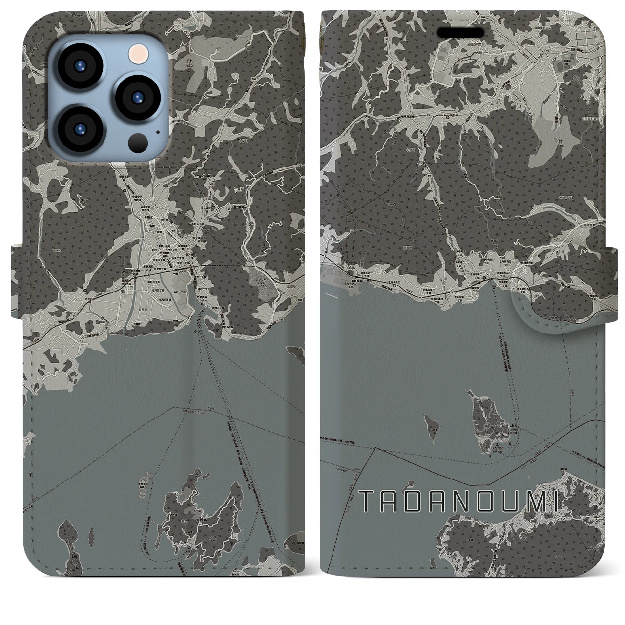 【忠海】地図柄iPhoneケース（手帳両面タイプ・モノトーン）iPhone 13 Pro Max 用