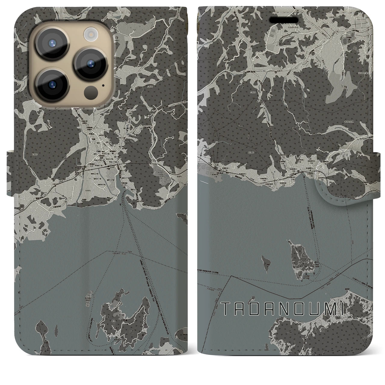 【忠海】地図柄iPhoneケース（手帳両面タイプ・モノトーン）iPhone 14 Pro Max 用