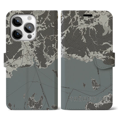 【忠海（広島県）】地図柄iPhoneケース（手帳タイプ）モノトーン・iPhone 14 Pro 用