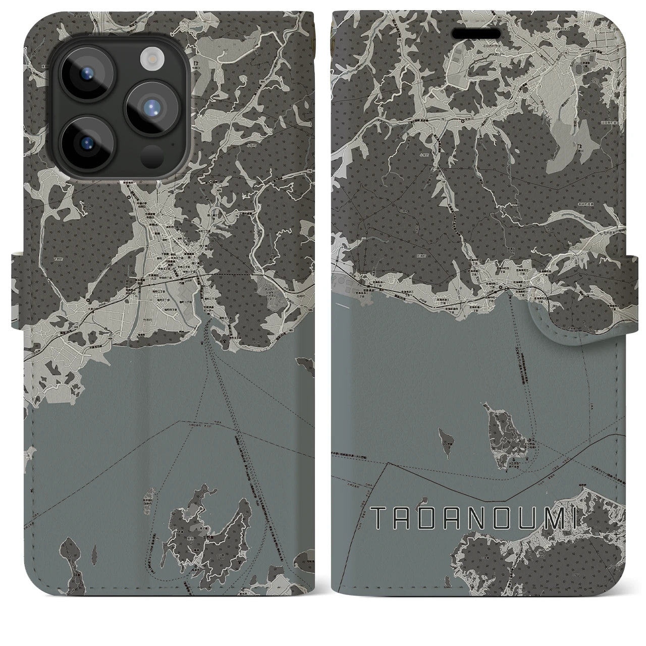 【忠海】地図柄iPhoneケース（手帳両面タイプ・モノトーン）iPhone 15 Pro Max 用