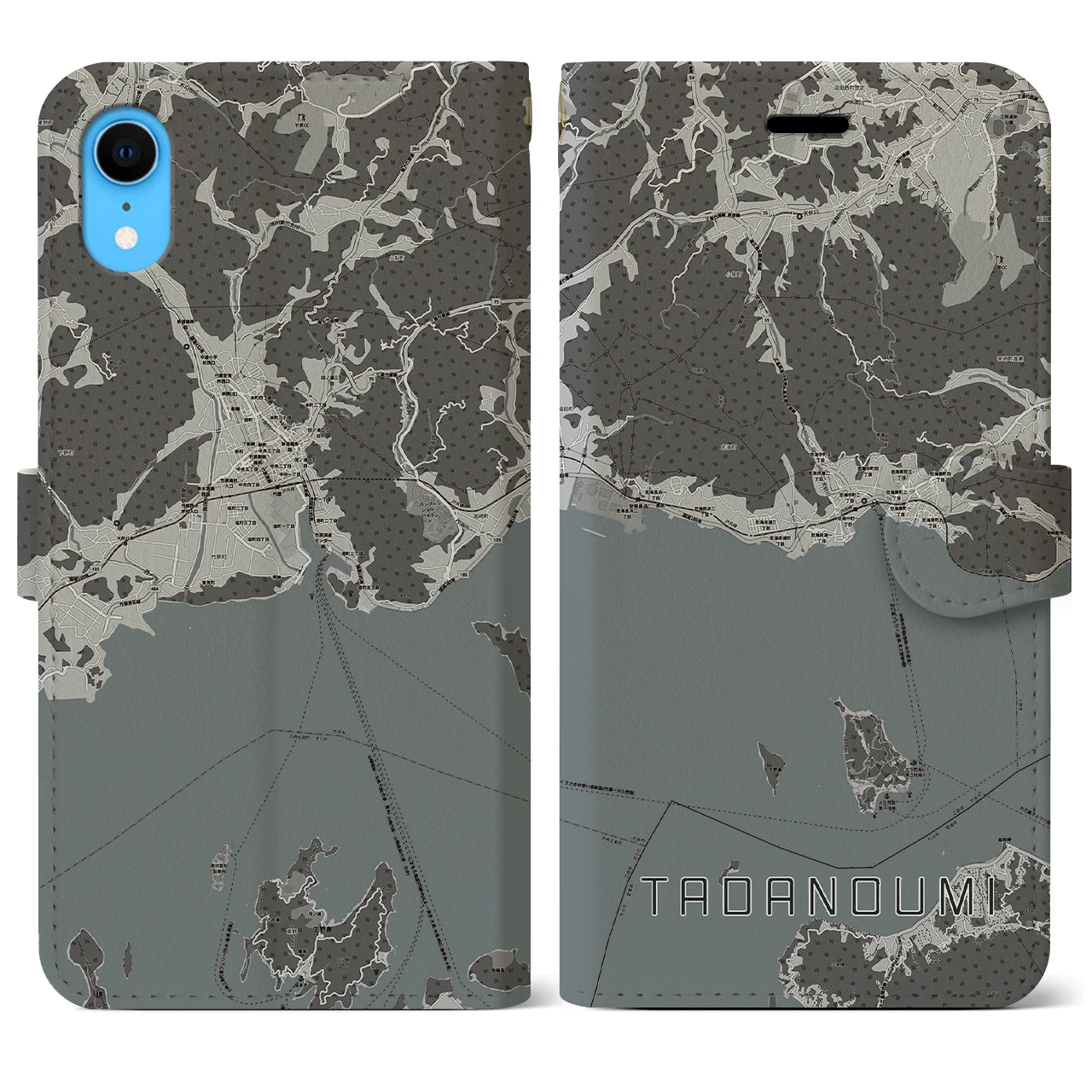 【忠海】地図柄iPhoneケース（手帳両面タイプ・モノトーン）iPhone XR 用