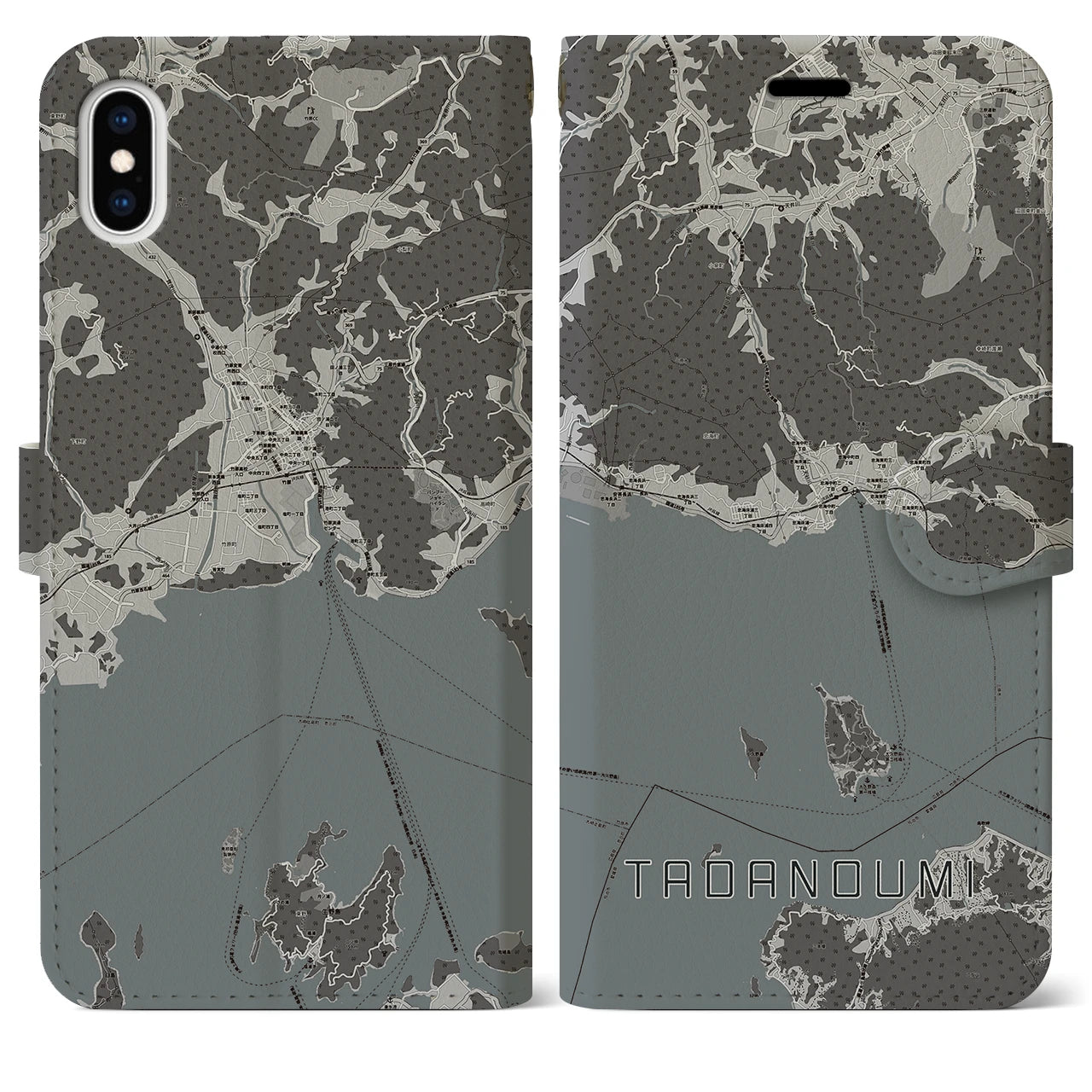 【忠海】地図柄iPhoneケース（手帳両面タイプ・モノトーン）iPhone XS Max 用