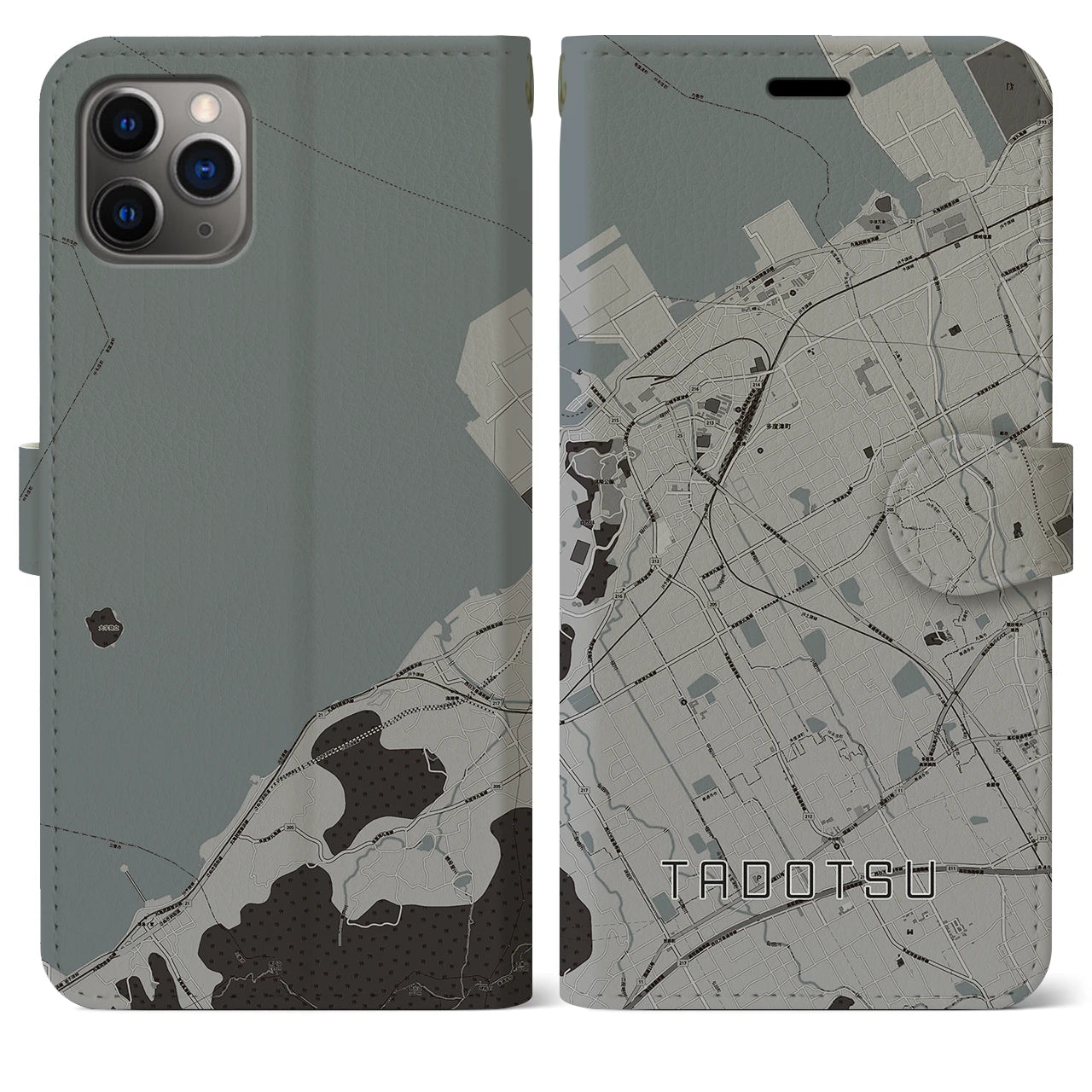 【多度津】地図柄iPhoneケース（手帳両面タイプ・モノトーン）iPhone 11 Pro Max 用