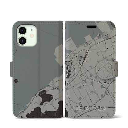 【多度津（香川県）】地図柄iPhoneケース（手帳タイプ）モノトーン・iPhone 12 mini 用