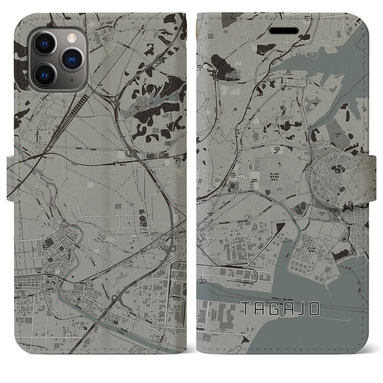 【多賀城】地図柄iPhoneケース（手帳両面タイプ・モノトーン）iPhone 11 Pro Max 用
