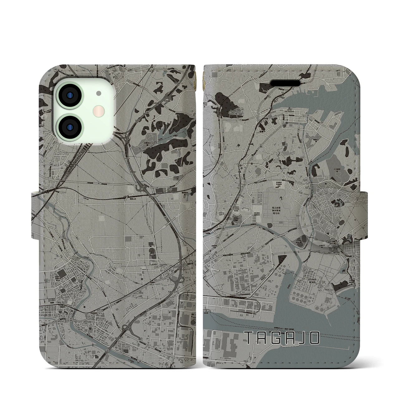 【多賀城】地図柄iPhoneケース（手帳両面タイプ・モノトーン）iPhone 12 mini 用