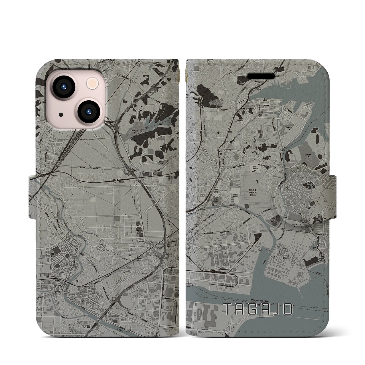【多賀城】地図柄iPhoneケース（手帳両面タイプ・モノトーン）iPhone 13 mini 用