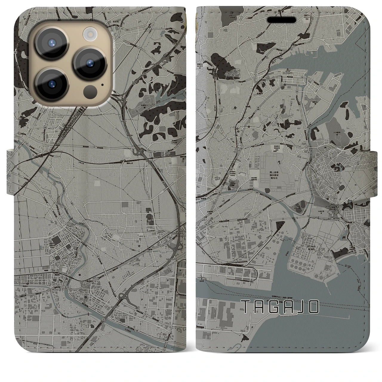 【多賀城】地図柄iPhoneケース（手帳両面タイプ・モノトーン）iPhone 14 Pro Max 用