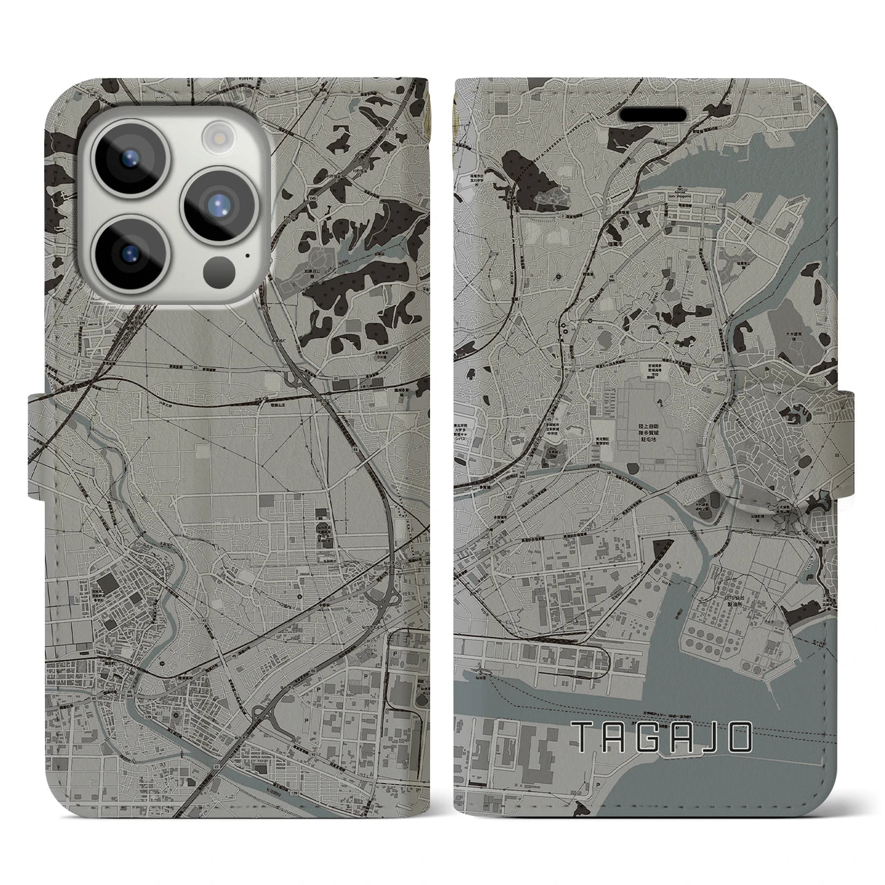 【多賀城】地図柄iPhoneケース（手帳両面タイプ・モノトーン）iPhone 15 Pro 用