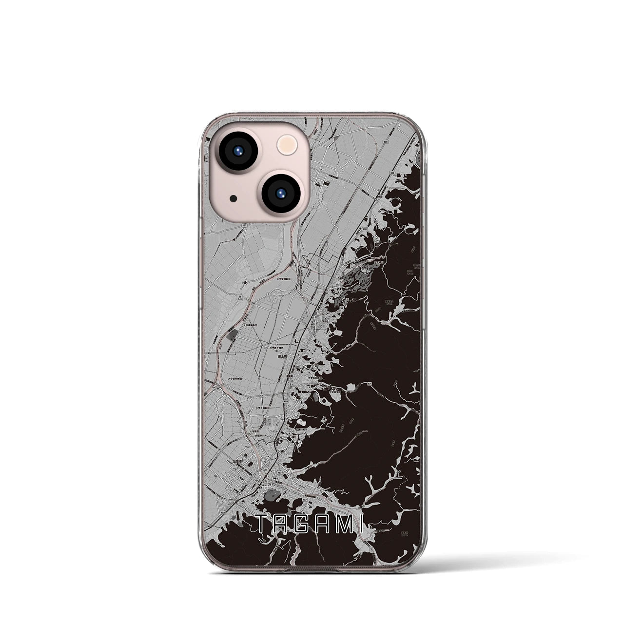 【田上（新潟県）】地図柄iPhoneケース（クリアタイプ）モノトーン・iPhone 13 mini 用
