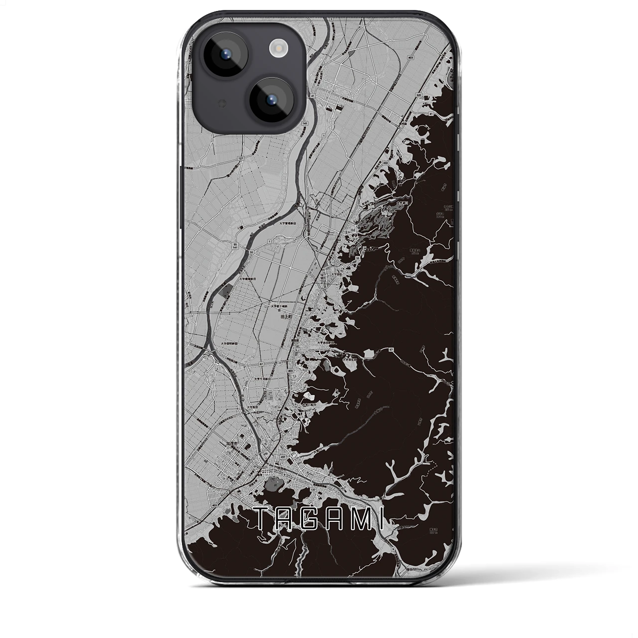 【田上（新潟県）】地図柄iPhoneケース（クリアタイプ）モノトーン・iPhone 14 Plus 用