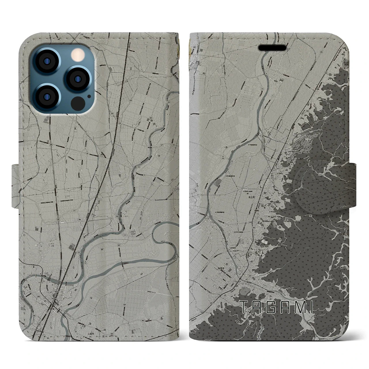 【田上（新潟県）】地図柄iPhoneケース（手帳タイプ）モノトーン・iPhone 12 / 12 Pro 用