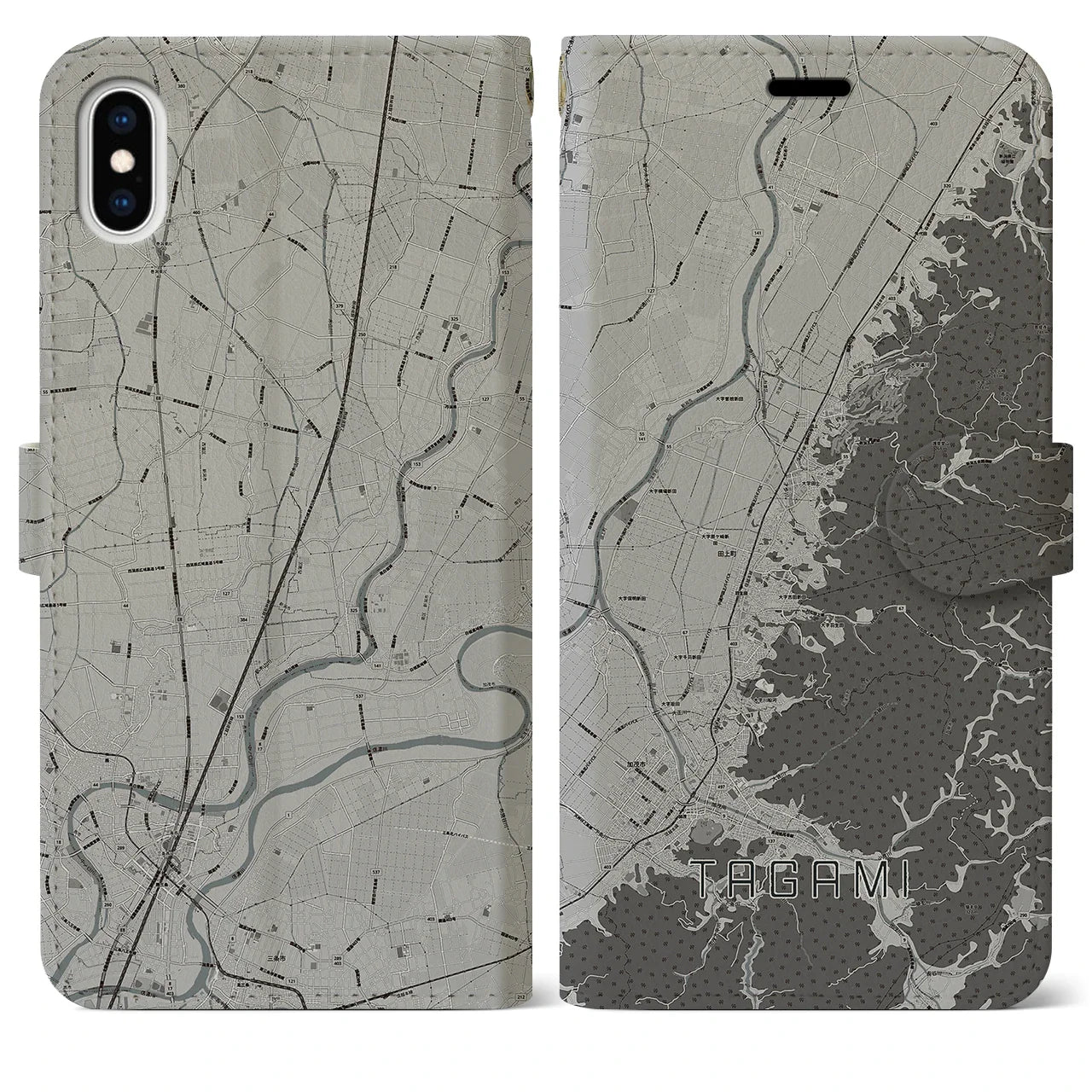 【田上（新潟県）】地図柄iPhoneケース（手帳タイプ）モノトーン・iPhone XS Max 用