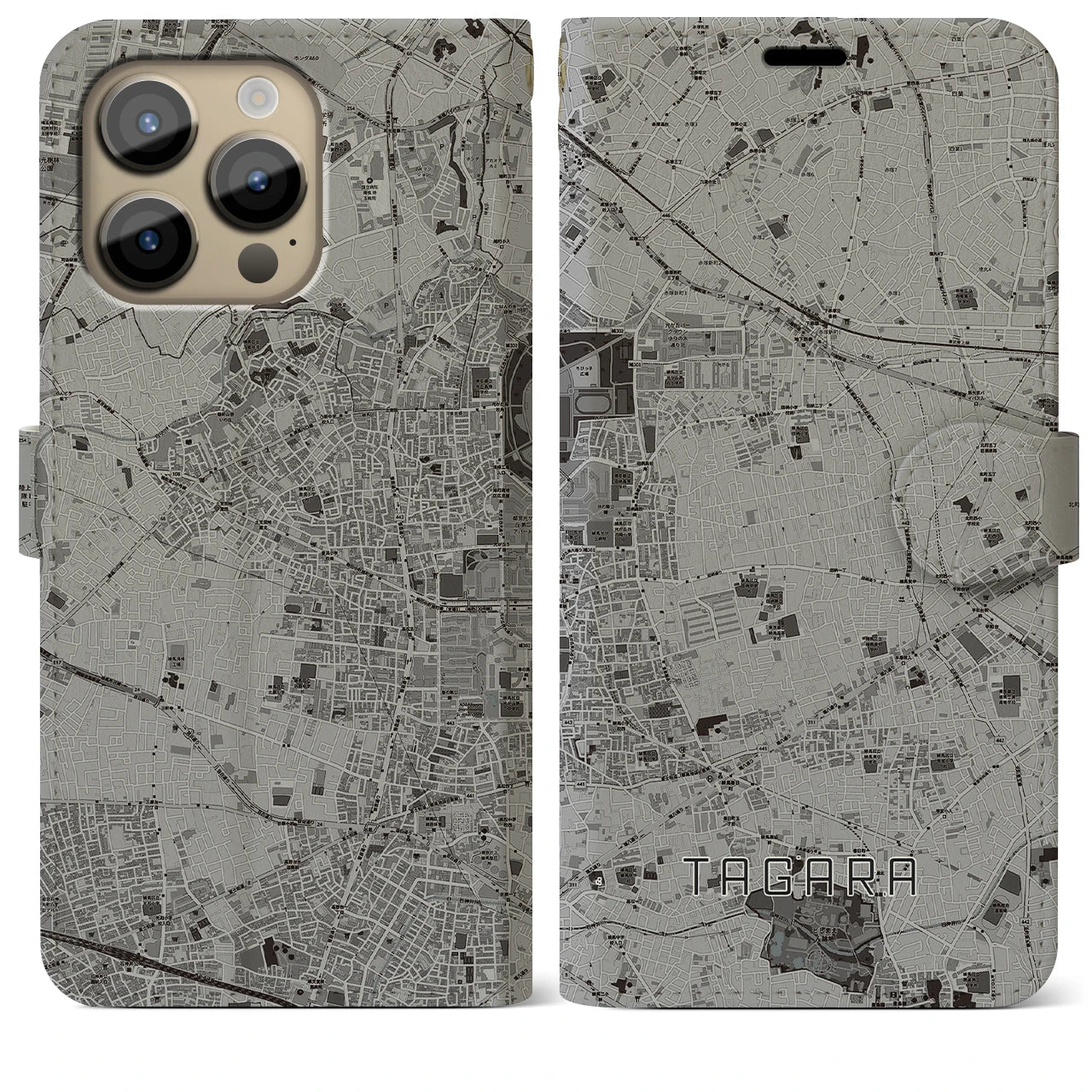 【田柄】地図柄iPhoneケース（手帳両面タイプ・モノトーン）iPhone 14 Pro Max 用