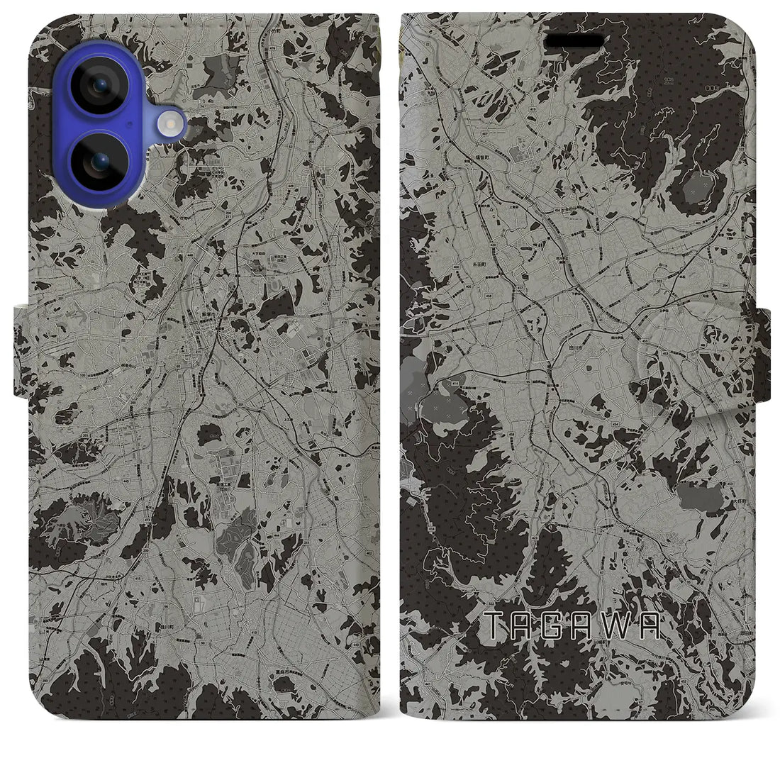 【田川（福岡県）】地図柄iPhoneケース（手帳タイプ）モノトーン・iPhone 16 Pro Max 用