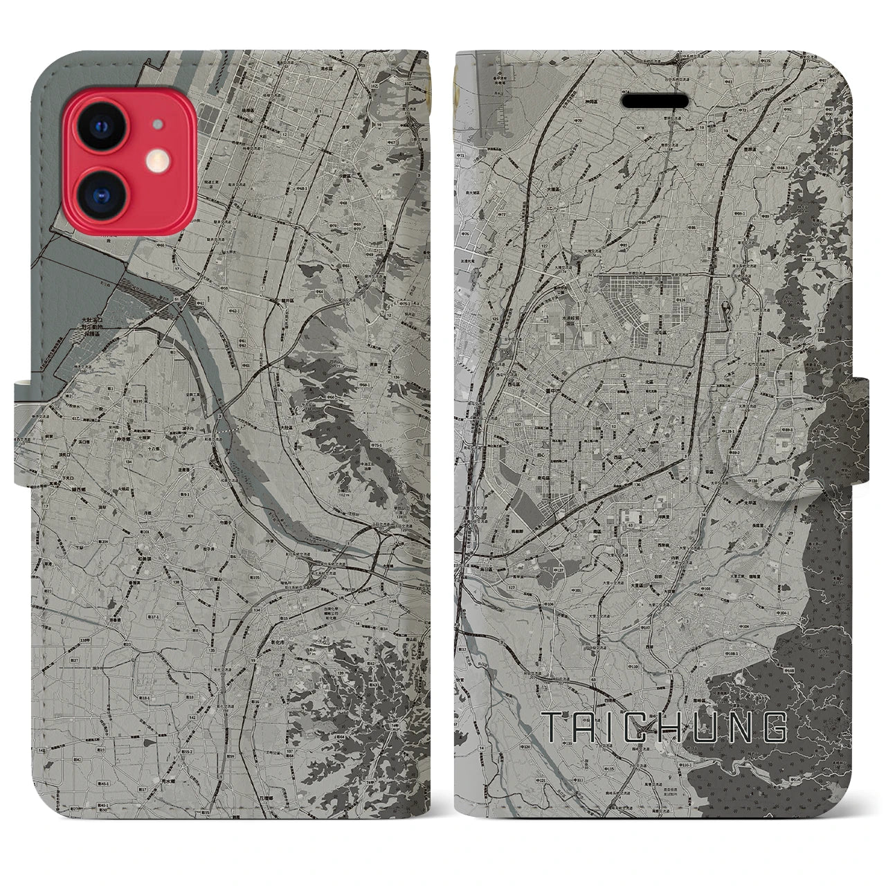 【台中】地図柄iPhoneケース（手帳両面タイプ・モノトーン）iPhone 11 用