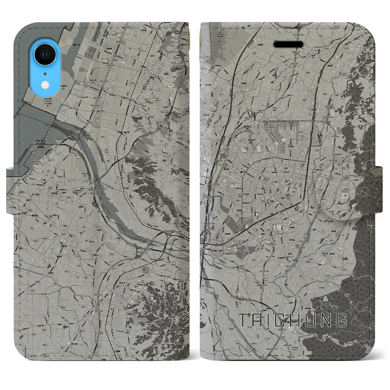 【台中】地図柄iPhoneケース（手帳両面タイプ・モノトーン）iPhone XR 用