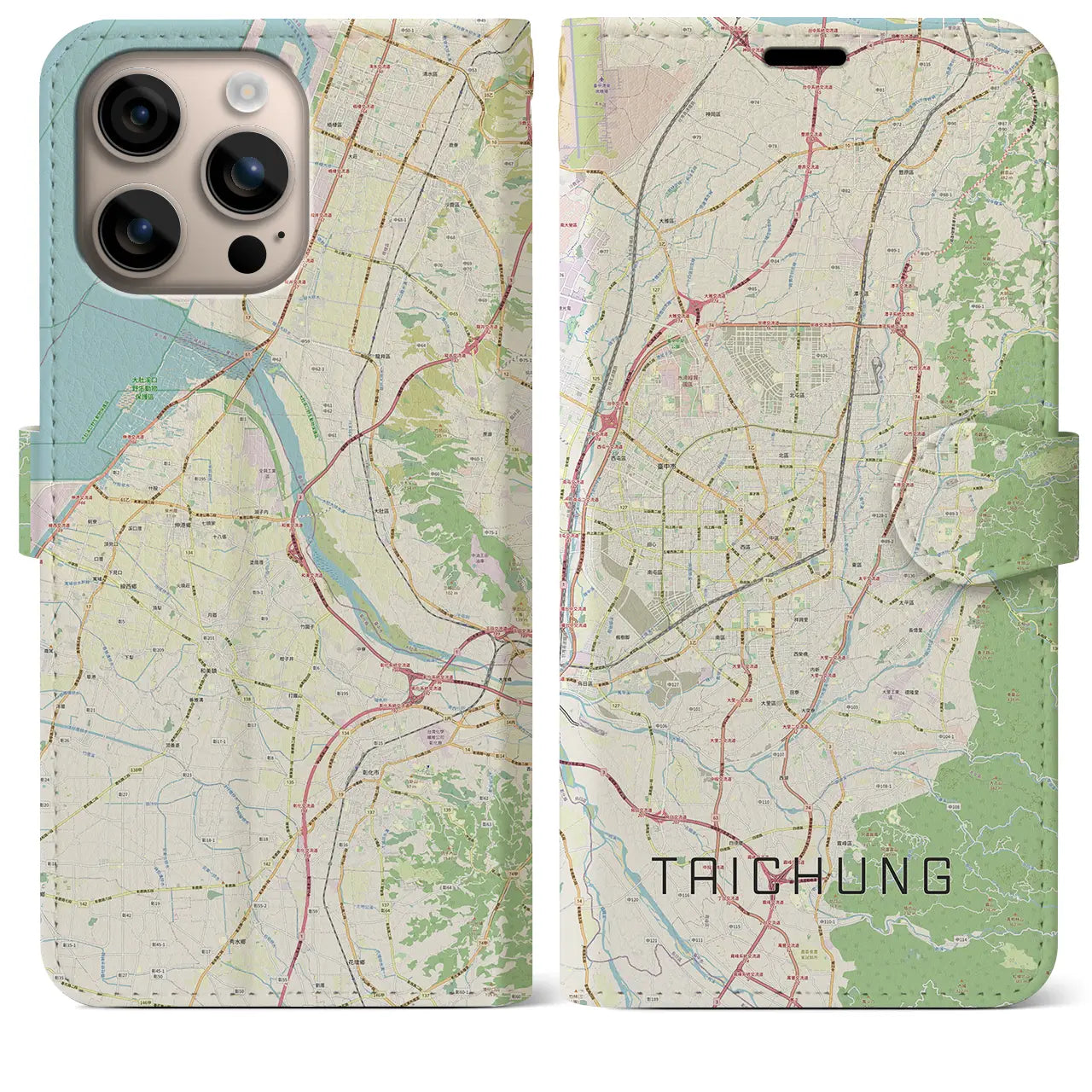 【台中（台湾）】地図柄iPhoneケース（手帳タイプ）ナチュラル・iPhone 16 Plus 用