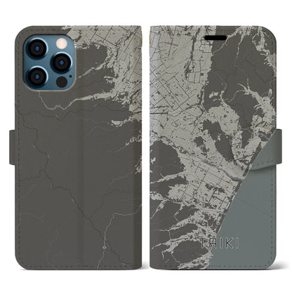 【大樹（北海道）】地図柄iPhoneケース（手帳タイプ）モノトーン・iPhone 12 / 12 Pro 用