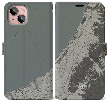 【胎内（新潟県）】地図柄iPhoneケース（手帳タイプ）モノトーン・iPhone 15 Plus 用