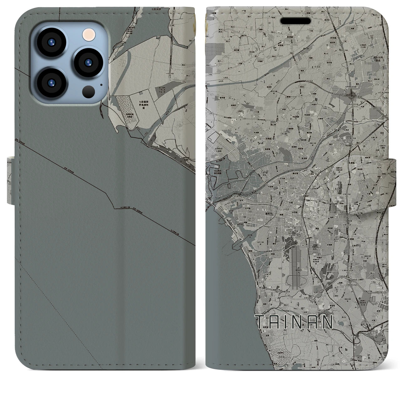 【台南】地図柄iPhoneケース（手帳両面タイプ・モノトーン）iPhone 13 Pro Max 用
