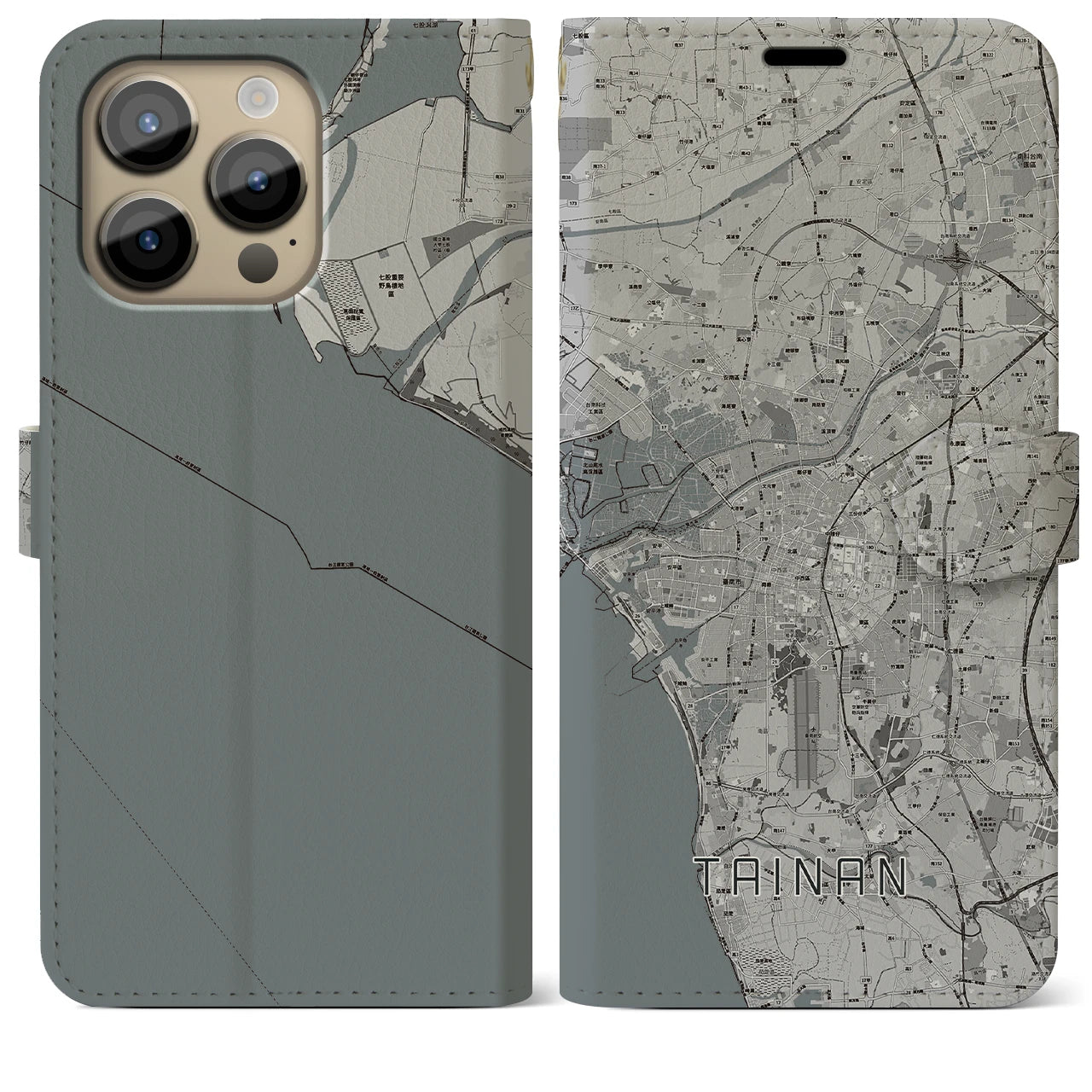 【台南】地図柄iPhoneケース（手帳両面タイプ・モノトーン）iPhone 14 Pro Max 用