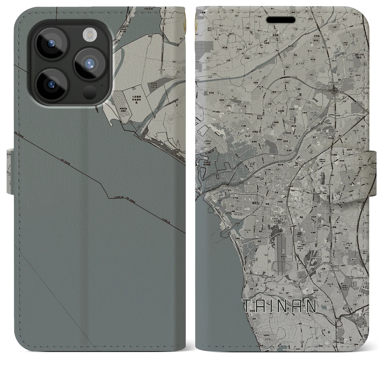 【台南】地図柄iPhoneケース（手帳両面タイプ・モノトーン）iPhone 15 Pro Max 用