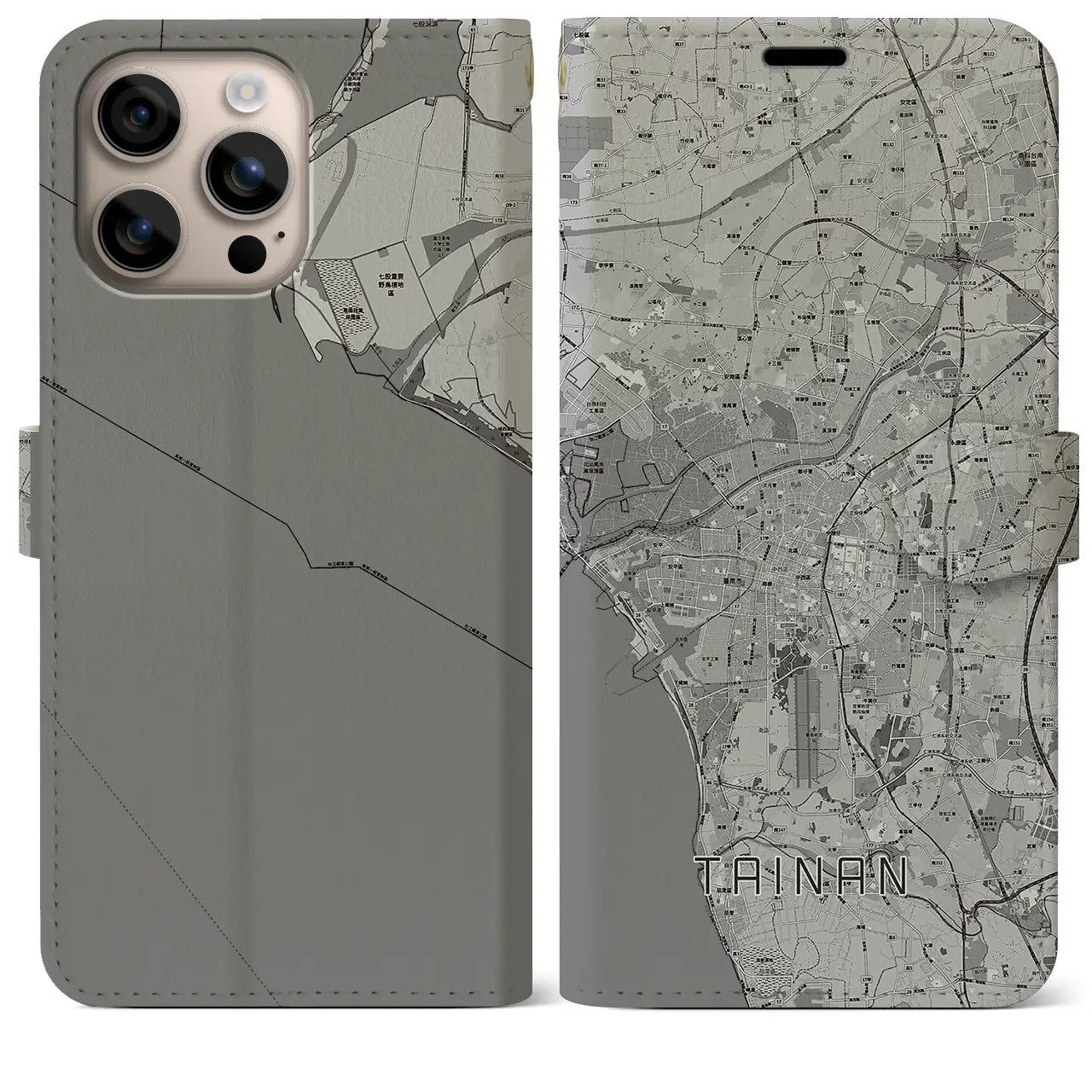 【台南（台湾）】地図柄iPhoneケース（手帳タイプ）モノトーン・iPhone 16 Plus 用