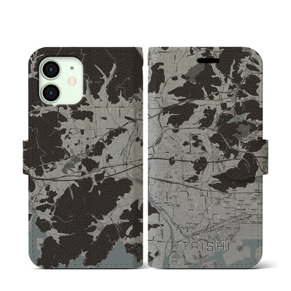 【太子（兵庫県）】地図柄iPhoneケース（手帳タイプ）モノトーン・iPhone 12 mini 用