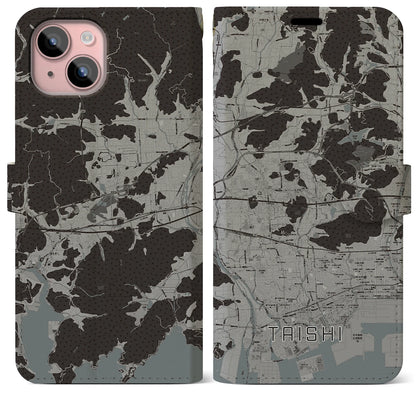 【太子（兵庫県）】地図柄iPhoneケース（手帳タイプ）モノトーン・iPhone 15 Plus 用