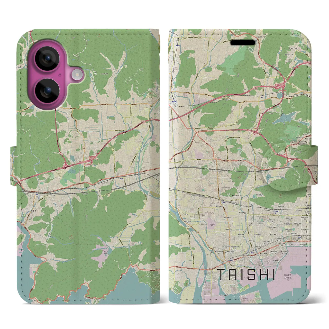 【太子（兵庫県）】地図柄iPhoneケース（手帳タイプ）ナチュラル・iPhone 16 Pro 用