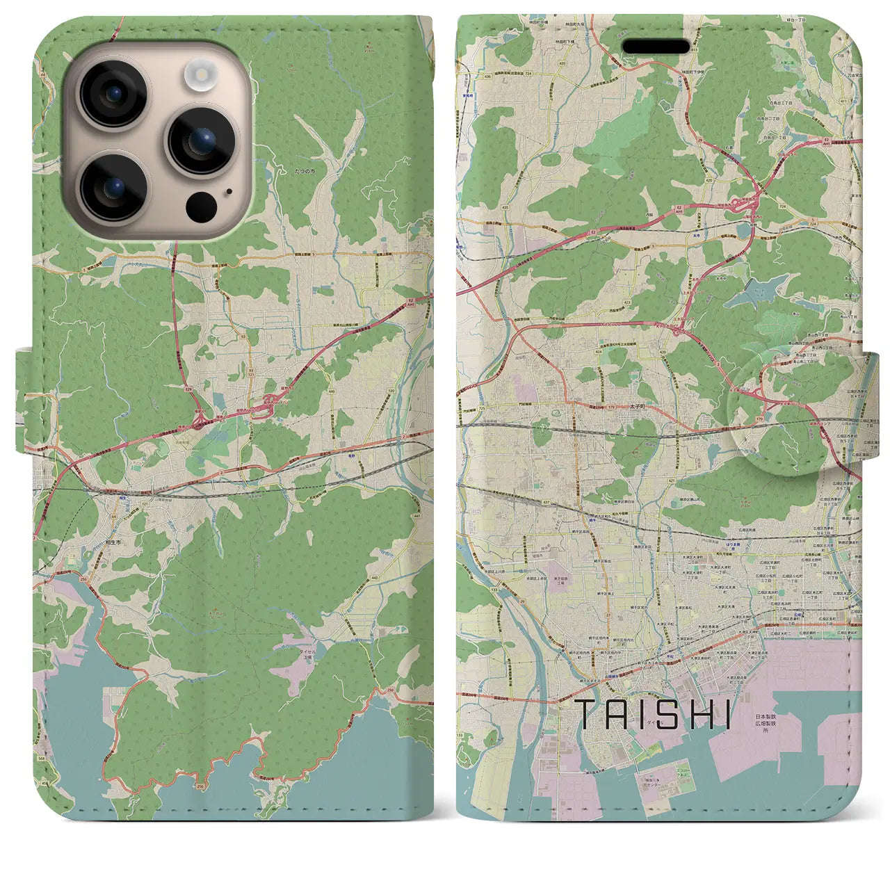 【太子（兵庫県）】地図柄iPhoneケース（手帳タイプ）ナチュラル・iPhone 16 Plus 用