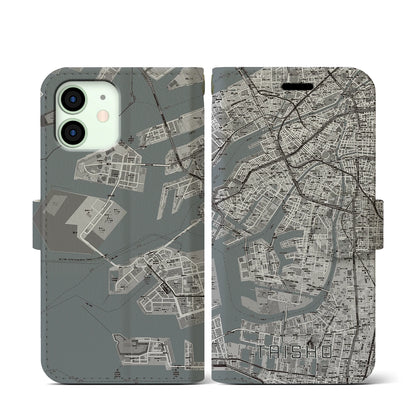 【大正（大阪府）】地図柄iPhoneケース（手帳タイプ）モノトーン・iPhone 12 mini 用